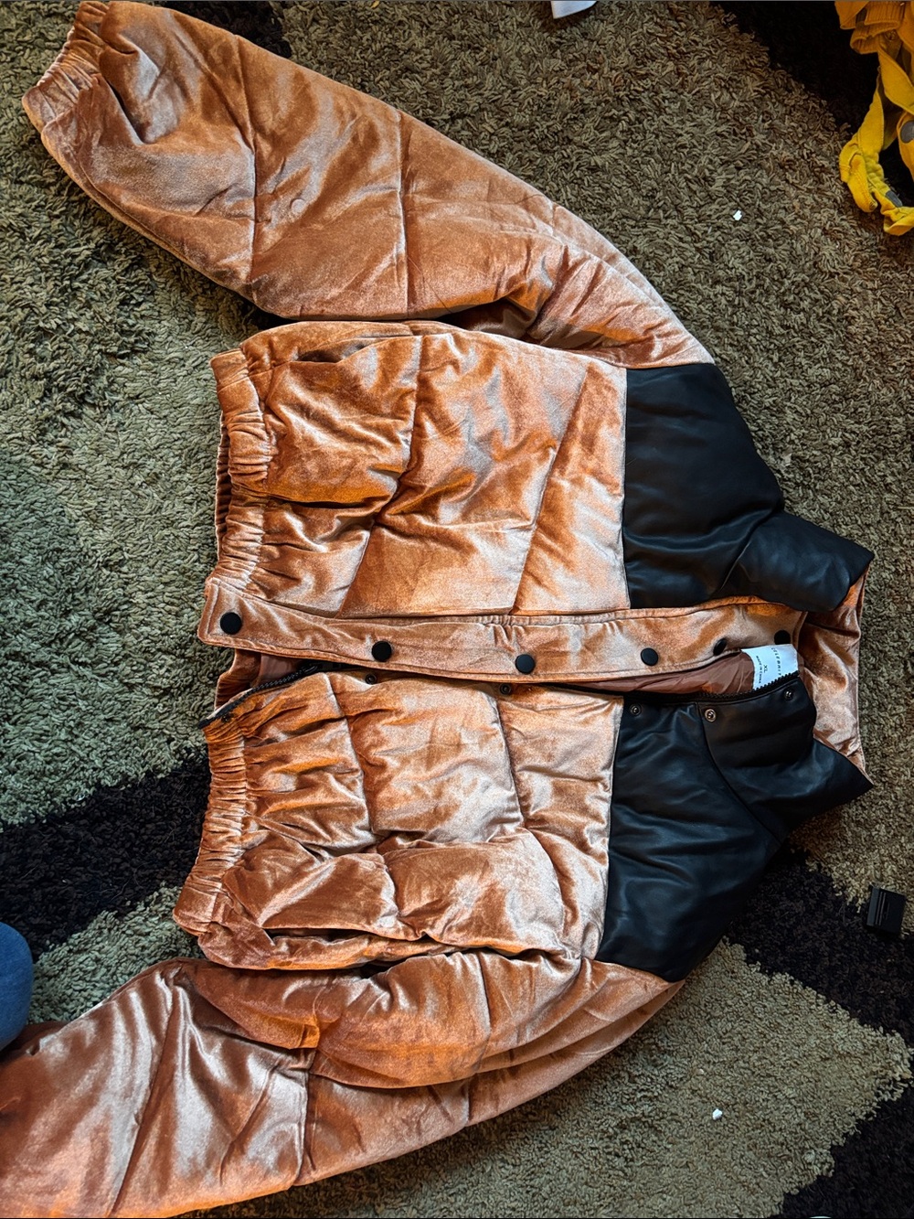 Celebrity Pink Copper Velvet Puffer Jacket with Black Accents